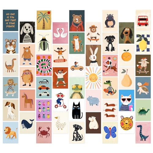 Aroutde 50Pcs Playroom Decor Funny Cartoon Animal Posters Toddler Boy Wall Decor Inspirational Quotes Prints Colorful Printing for Kids Playroom Bedroom Decoration 4x6 Inch