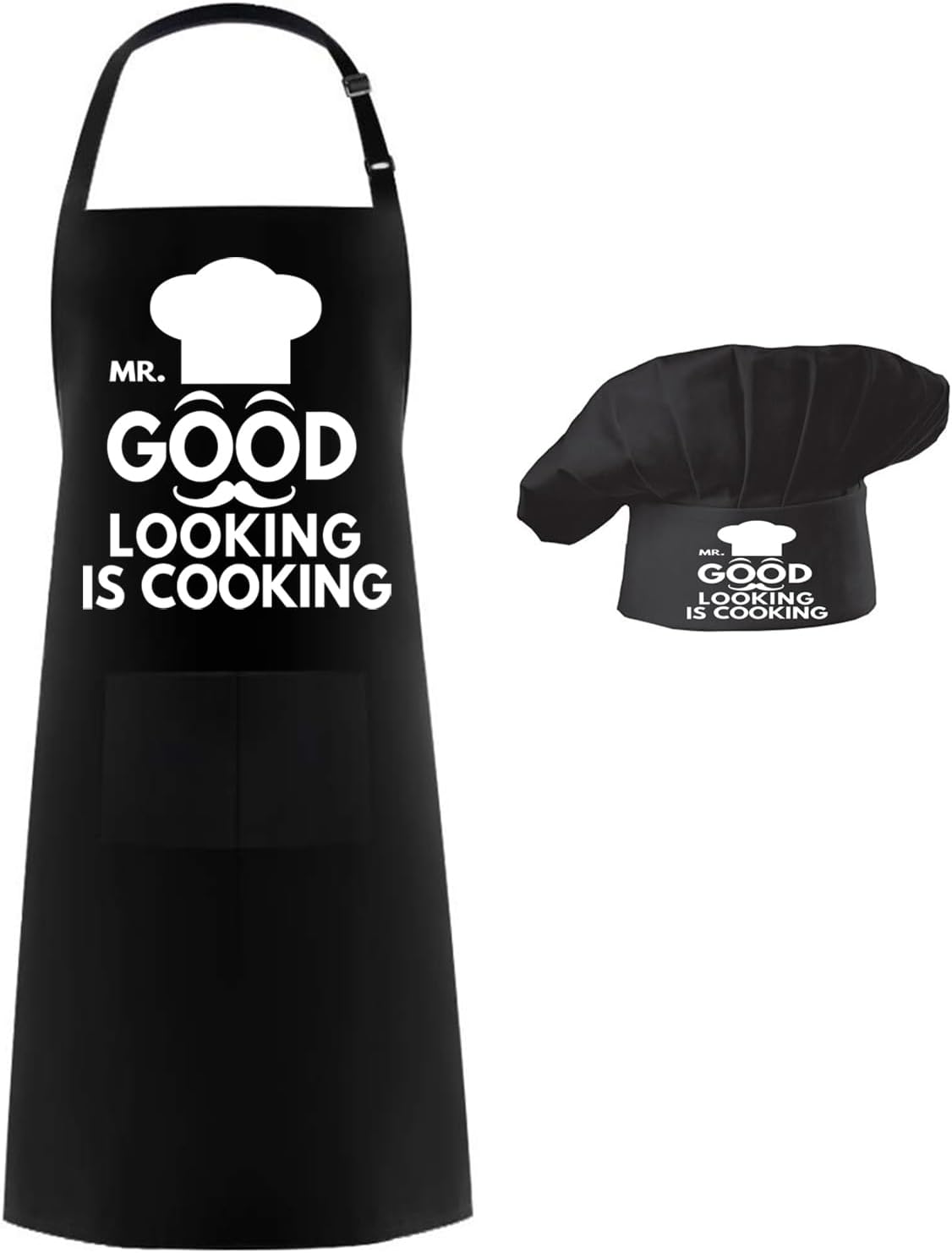 Chef Apron Hat Set,Adjustable Chef Hat and Apron Baker Costume with Pocket for Kitchen Grill BBQ Fathers Mothers Gift