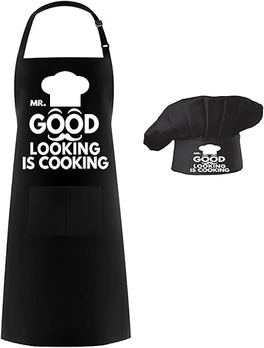 Miniatura 8 de Hyzrz Juego de sombrero de delantal de chef, sombrero de chef ajustable y delantal para panadero, con bolsillo para cocina, parrilla, barbacoa,