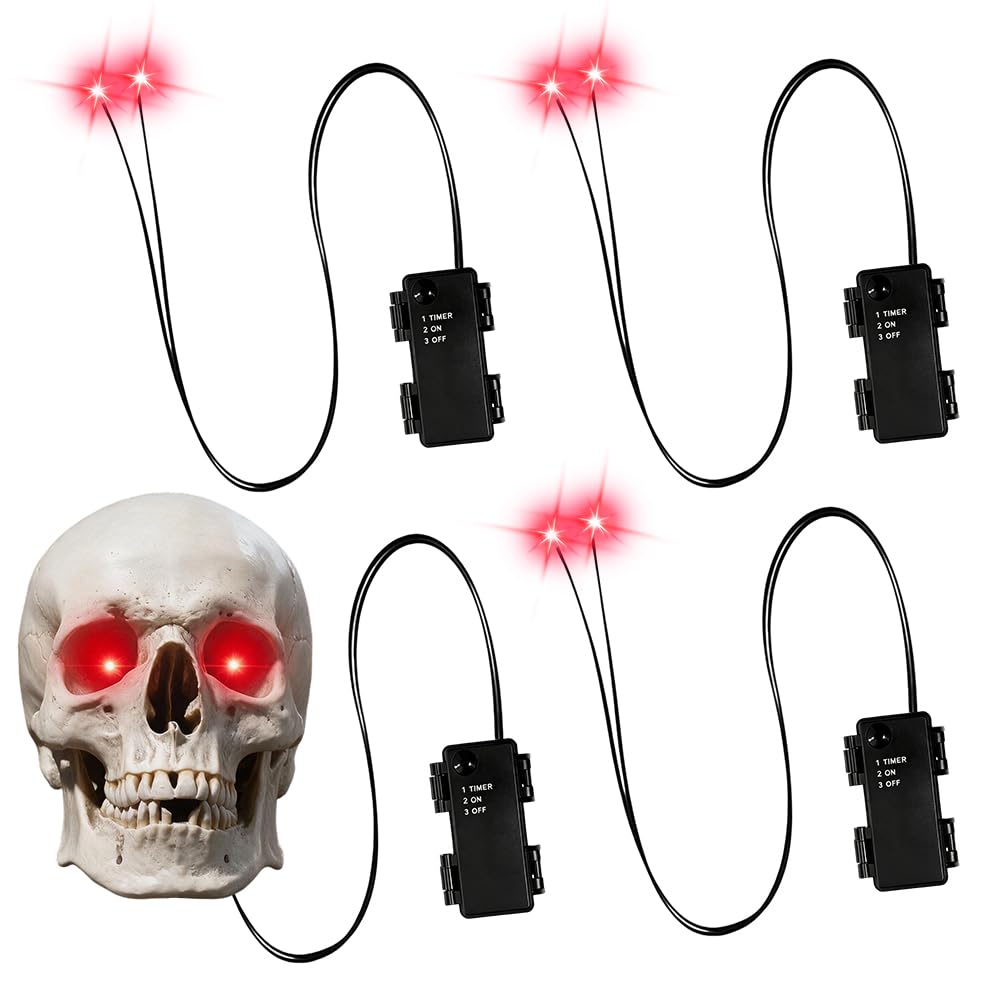 KQWVZ 4PCS Red Glowing Skeleton Eyes with Timer, Waterproof Halloween LED Glowing Light Up Eyes, LED Glowing Light Up for Halloween Christmas Decoration Skull Masks Props, Cosplay Party Mask