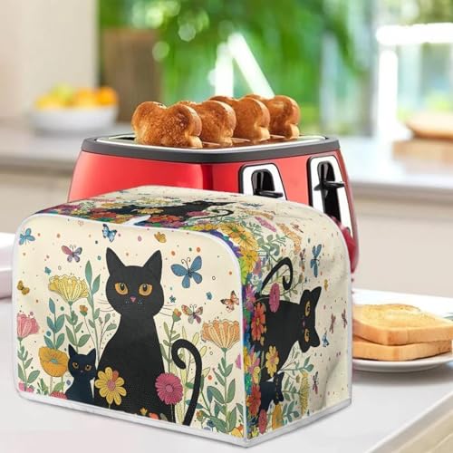 Image of Talayituse Cat Butterfly Flower Print 4 Slice Toaster Dust Covers Kitchen Small Appliance Cover, Stain Resistant Dust Protection Bread Machine Cover with Top Handle, M