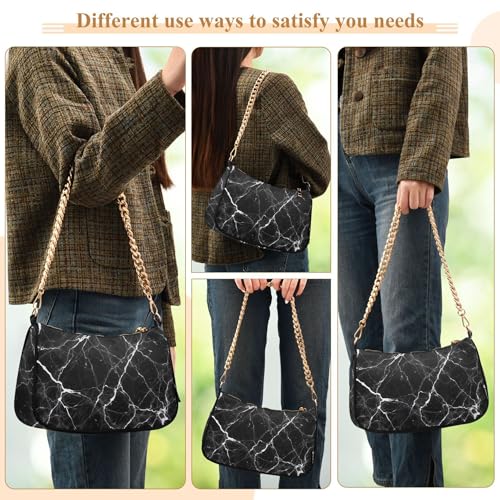 Black Marble White Gray Veining Tote Handbag Womens Print Shoulder Purses Classic Purse Hobo Totes Zipper Closure Chain Strap 5