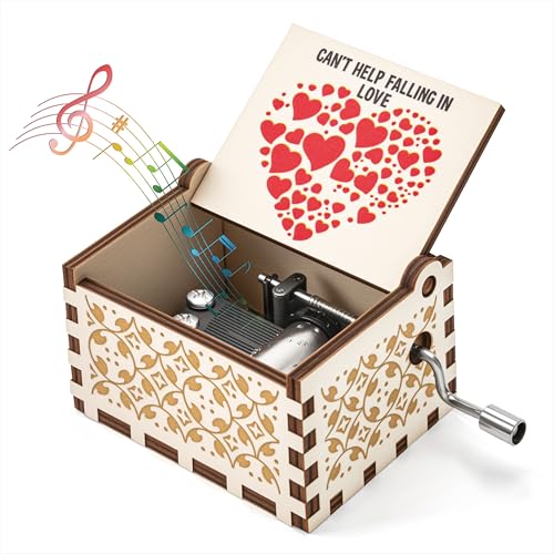 Qzakce Caixas musicais de madeira manivela caixa de música Can't Help Falling in Love Retro Music Box melhor presente para aniversário Natal Dia dos Namorados para casal esposa, branco