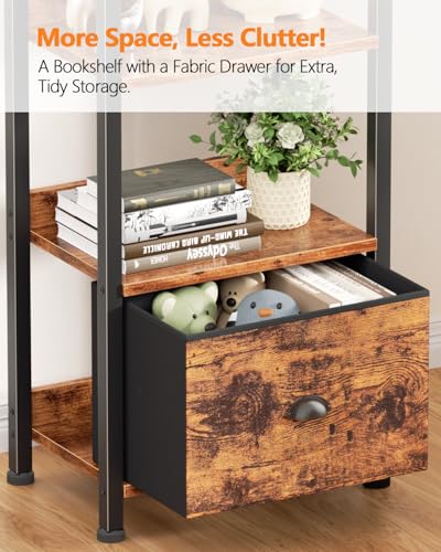 Image of Furologee Book Shelf Set of 2, 6 Tier Tall Shelf with Drawer, Bookshelves and Bookcases Set of 2, Industrial Display Shelving Unit for Bedroom, Living Room, Home Office, Rustic Brown