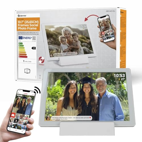 Denver PFF-1070B | 10.1 Zoll Digitaler Wi-Fi Bilderrahmen mit Akku | HD IPS Touchscreen | FRAMEO App & 16GB Speicher | Weiß