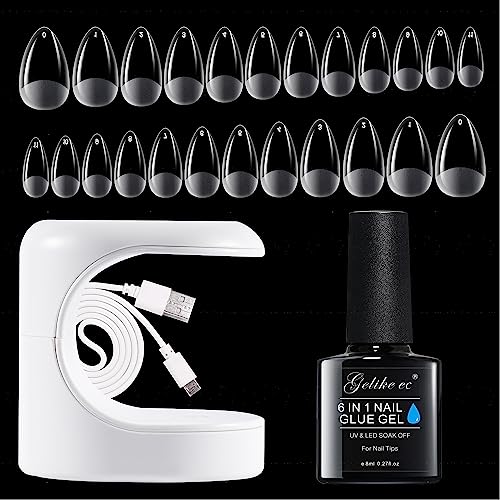 Gelike ec Nagelspitzen and Nagelkleber Kit - Gel Nail X Extension Set with 6 in 1 Nagelkleber 240PCS Soft Gel Full Cover Nail Tips Nagelverlängerung UV Lampe-Short Almond