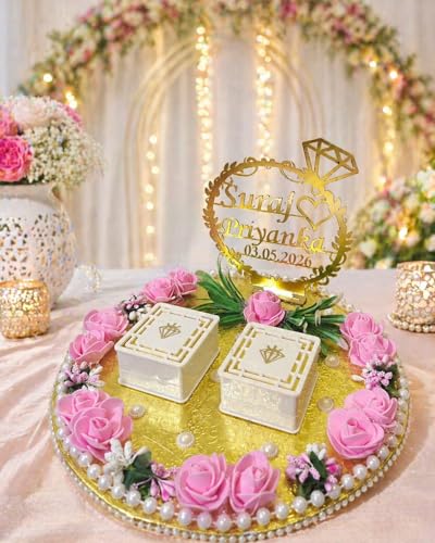 Image of Engagement Ring Platter, Ring Platter for Ring Ceremony,10x10x8 inch, 2 Ring Boxes, Pink Theme, Artificial Flowers - Customised (Pink)