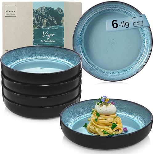 SÄNGER Vigo | Steingut Pastaschalen 6 tlg, Nudel Schalen Set 6 Personen, Schüssel Set spülmaschinenfest mikrowellenfest kratzfest, große Schüssel blau mit schwarzem Rand 800 ml | VALUE COLLECTION