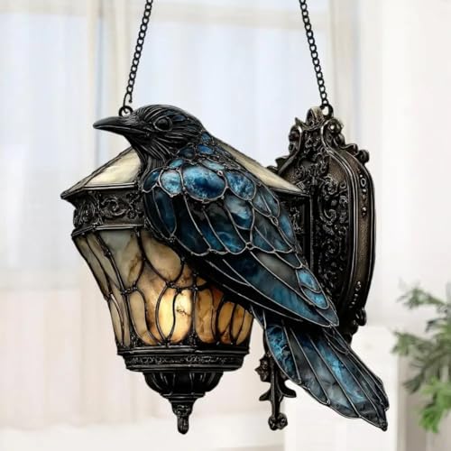 Cuervo en farol atrapador de sol Halloween cuervo farol atrapador solar 2025 decoración vintage vitral adorno acrílico para ventana de la academia oscura del hogar y colgante de pared fácil de colgar