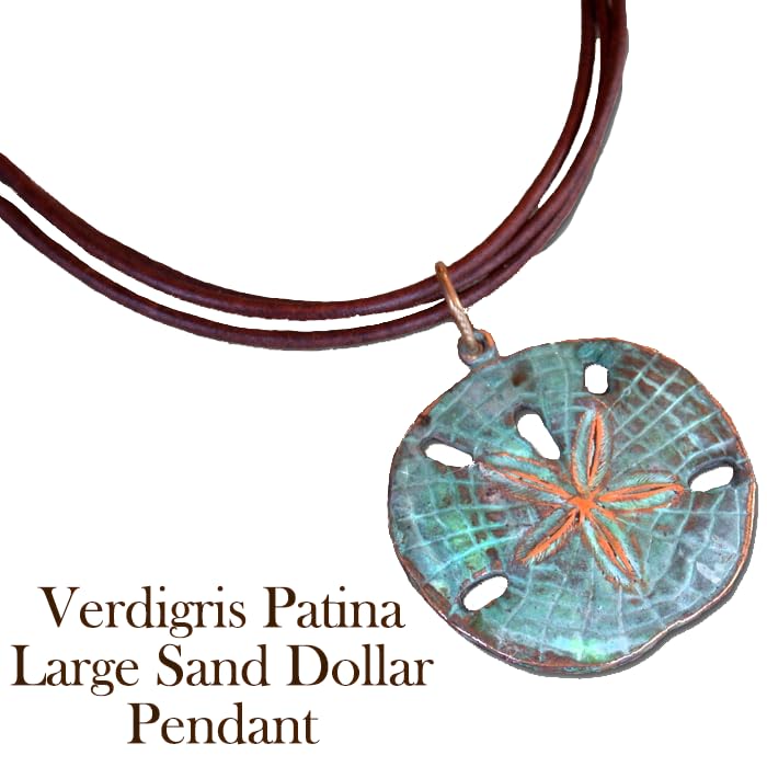 Elaine Coyne Collectible Artwear Verdigris Patina Large Brass Sand Dollar Pendant on Expresso Leather - USA Made2