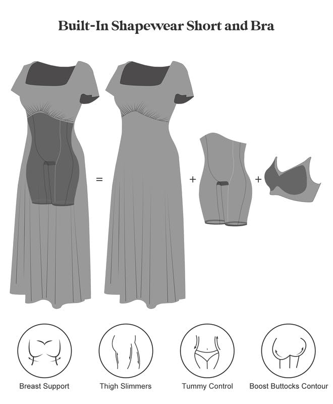 Popilush A Line Dresses for Women Shapewear Built-in Bra Short Sleeve Square Neck Flowy Wedding Guest Midi Dress2