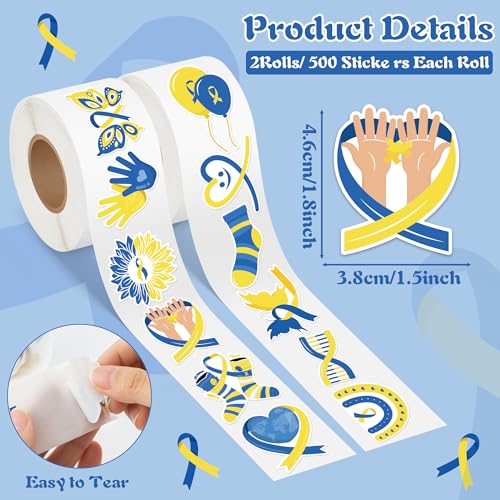 Image of Down Syndrome Stickers Rolls - 1000 Pcs Down Syndrome Awareness Month Waterproof Vinyl Reusable Laptop Stickers Coloring Book Scrapbook Water Bottle Page Activity Pad Party Favors Skateboard