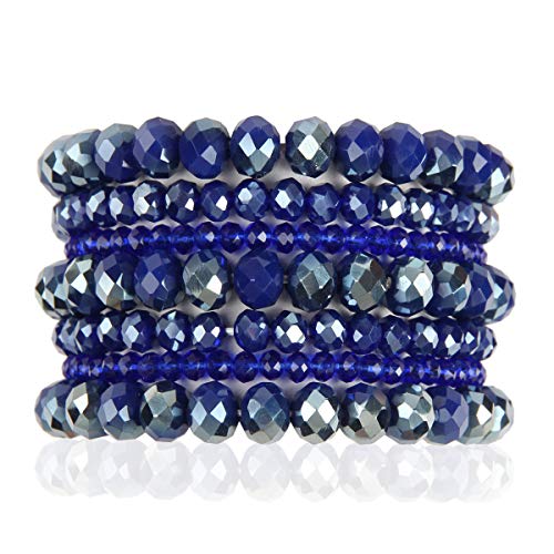 RIAH FASHION Bohemian Multi-Layer Beaded Stacking Statement Bracelets - Versatile Stretch Strand Sparkly Crystal Beads Wrap Slip-on Cuff Bangle Set