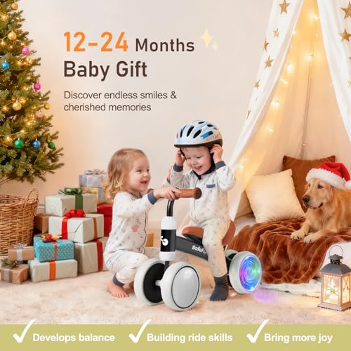 Image of Colorful Lighting Baby Balance Bike Toys for 1 Year Old Boys Gifts, Balance Bike 1 Year Old No Pedal, 12-24 Months Toddler Ride on Toys with 4 Silent Wheels & Soft Seat, 1st Birthday Gifts, Black