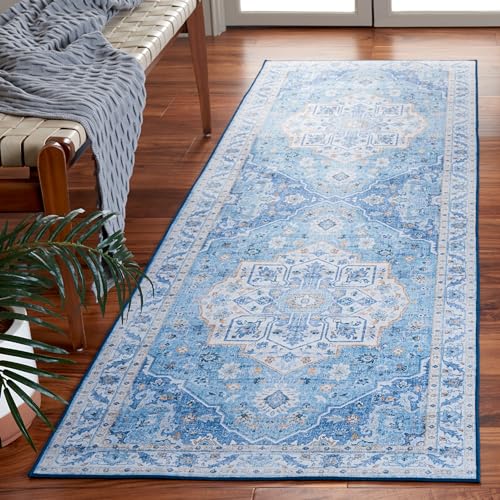 Safavieh Traditionell Teppich für Maschinenwaschbar und rutschfest - Ideal für stark frequentierte Bereiche - Tucson Collection, Kurzer Flor, Hellblau und Blau, 76 x 183 cm Safavieh Traditionell Teppich für Maschinenwaschbar und rutschfest - Ideal für stark frequentierte Bereiche - Tucson Collection, Kurzer Flor, Hellblau und Blau, 76 x 183 cm