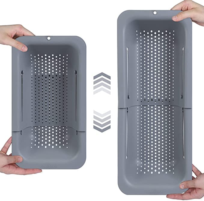 Over the Sink Colander Strainer Basket - Wash Vegetables and Fruits, Drain Cooked Pasta and Dry Dishes - Extendable - New Home Kitchen Essentials (7.9 W x 14.5-19.5 L x 2.75 H) - Gray