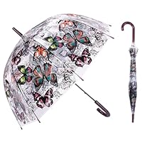 ThreeH Clear Dome Umbrella Windproof Rainproof Lightweight Flowers and Butterfly Design Automatic Open Stick Rain Umbrella,Brown