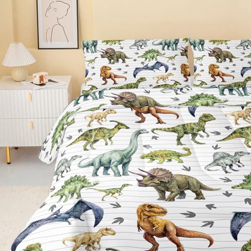 Image of QOOMO Cartoon Dinosaur Comforter for Girls Boys Jurassic Duvet Set Black Animal Bedding Set Queen Size with 2 Pillow Shams Lightweight Microfiber for All Seasons