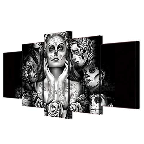 Cinco vendedores Cráneo de Azúcar Chica Arte de Pared Lienzo Pintura Moderna Abstracta Cuadros Impresión para Decoración de Salón, 5 Piezas (Con Marco, 75 x 150 cm)