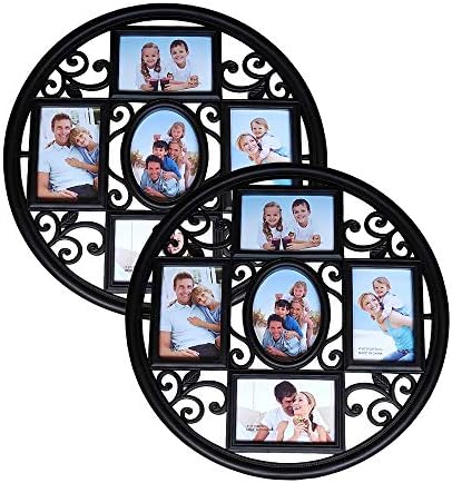 MKUN 2Pack of 4x6 Wall Photo Collage Frames - Round Circular Circle Wall Hanging Picture Collage Frame with Leaf Decoration, 5- Opening (Black)