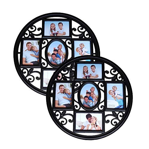 MKUN 2Pack of 4x6 Wall Photo Collage Frames - Round Circular Circle Wall Hanging Picture Collage Frame with Leaf Decoration, 5- Opening (Black)