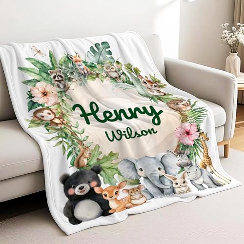 Custom Safari Forest Tree Animal Baby Blanket for Girl Boy, Woodland Personalized Baby Blankets with Name, Botanical Elephant Toddler Throw Flannel Fleece Bear Fox Deer Bedding for Infant Newborn