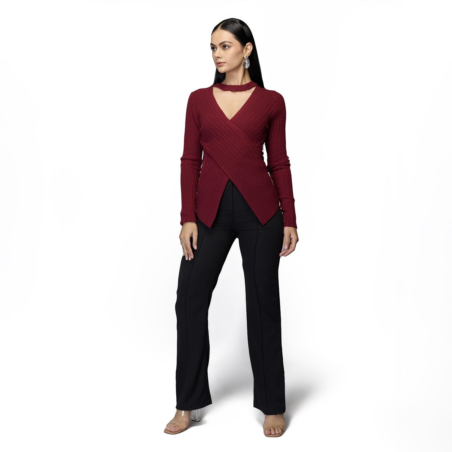 tamiska by narendra kumar TAMiSKA Women’s Ribbed Knit Wrap Sweater – Full Sleeve V-Neck Choker Top | Slim Fit Stretchable Pullover for Winter Layering-picture-22