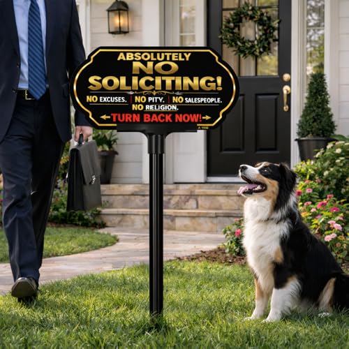 Image of Absolutely No Soliciting Sign for House, 10 x 5 Inch Yard Sign with Stake | Aluminum No Soliciting Yard Sign with Adjustable Stake, UV Printed Weatherproof Outdoor Sign for Home and Property