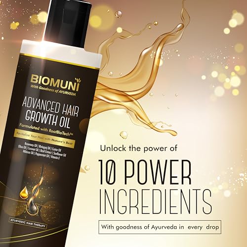 Image of BIOMUNI Advanced Hair Growth Oil with Goodness of Ayurveda | Blend of 10 Natural Ingredients- Rosemary + Bhringraj + Castor + Olive + Coconut + Basil + Sunflower + Hibiscus + Peppermint + Vitamin E | Mineral Oil Free | For Men & Women |100 ml