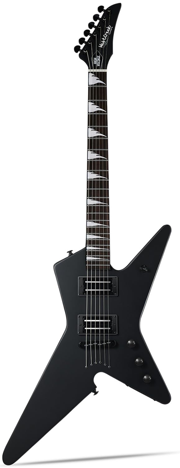 WestCreek HIGH VOLTAGE Solid Body Electric Guitar, Heavy Metal Guitar, Right Handed, Heavy Metal Pickups, Rounded End Jumbo Frets, Bone Nut, Rosewood Fretboard, Mahogany Body (Matte Black)