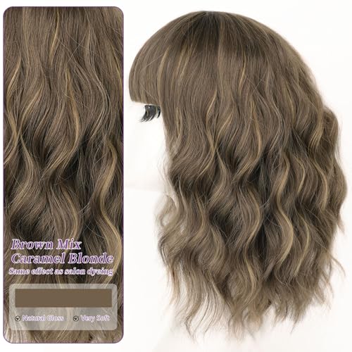 Image of AISI HAIR Synthetic Wavy Curly Bob Wig with Bangs Brown mix Caramel Blonde Short Hair for Women Synthetic Heat Resistant Bob Wigs