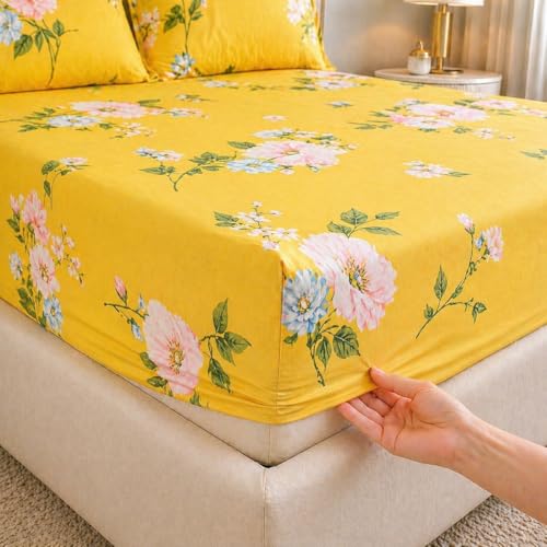 Image of Castiqa Elastic Fitted Supersoft Premium Brushed Cotton 200TC King Size Bedsheets with 2 Pillow Covers (Fits Upto Mattress of 10 Inches) (King (72x78), Yellow Flowers)