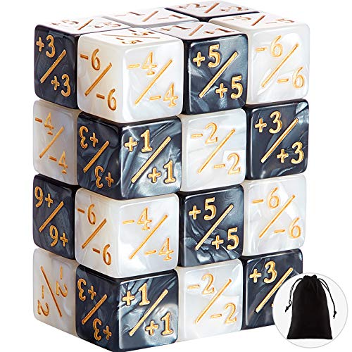 Image of Sumind 24 Pcs Counter Dice -1 /+1 Counters Ability Keyword Counters Buff Tokens 6 Sided Dice Gifts Compatible with CCG TCG Cards Gaming Accessory (Black & Pearl Marble)