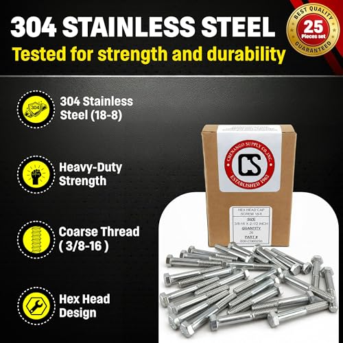 Image of Chenango Supply 3 /8-16 x 2-1 /2 inch Stainless Steel Hex Head Bolts - 304 Stainless, USS Coarse Thread, 100,000-125,000 PSI Tensile Strength, Corrosion-Resistant Hardware Bolts, (25 Pieces, 3 /8-16 x 2.5)