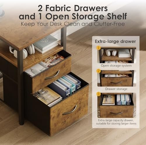 AODK 55 inch L Shaped Computer Desk with Drawers, Reversible Computer Desk with Storage Shelves, Home Office Desk with Built-in Power Outlet, Rustic Brown - 3