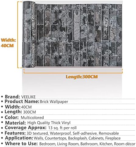 VEELIKE Black and Grey Brick Wallpaper Self-Adhesive Stone Effect Wallpaper Vintage Brick Contact Paper for Living Room Bathroom Waterproof Thick Lining Paper for Walls Kitchen Removable 40cm x 300cm