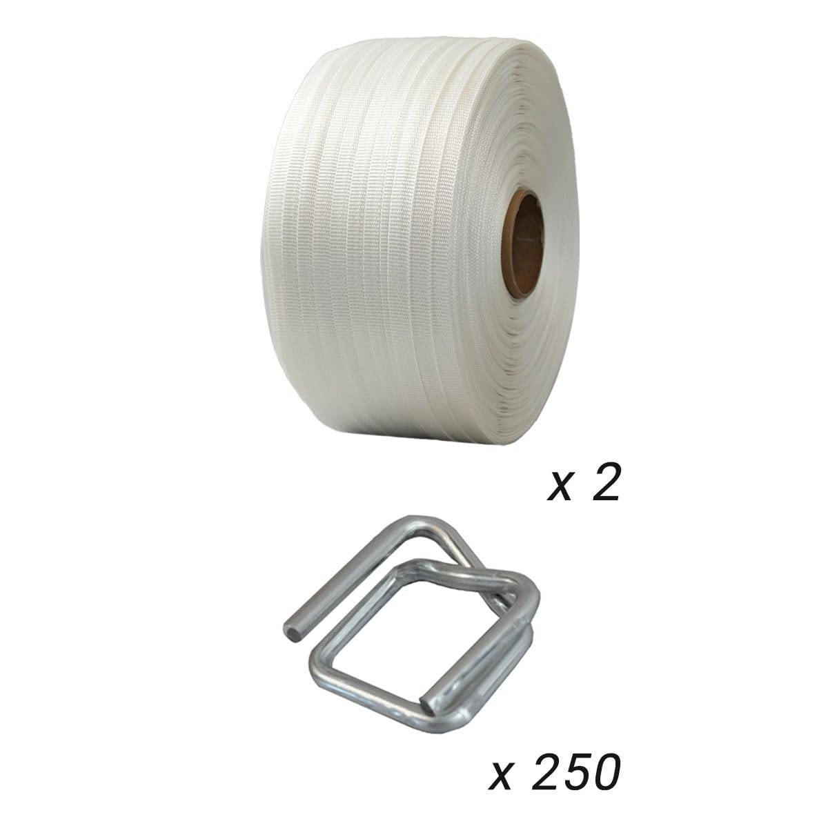 TECPLAST Pack 2 Feuillards de cerclage tressés PFT2 19 mm x 500 m + 250 Boucles OFFERTES - Feuillard textile Résistance 750kg