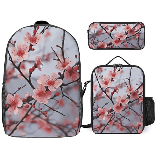 Delicate Cherry Blossoms Backpack Set Lightweight Bag Lunch Box Pencil Bags for Women Men Bookbags 3 in 1