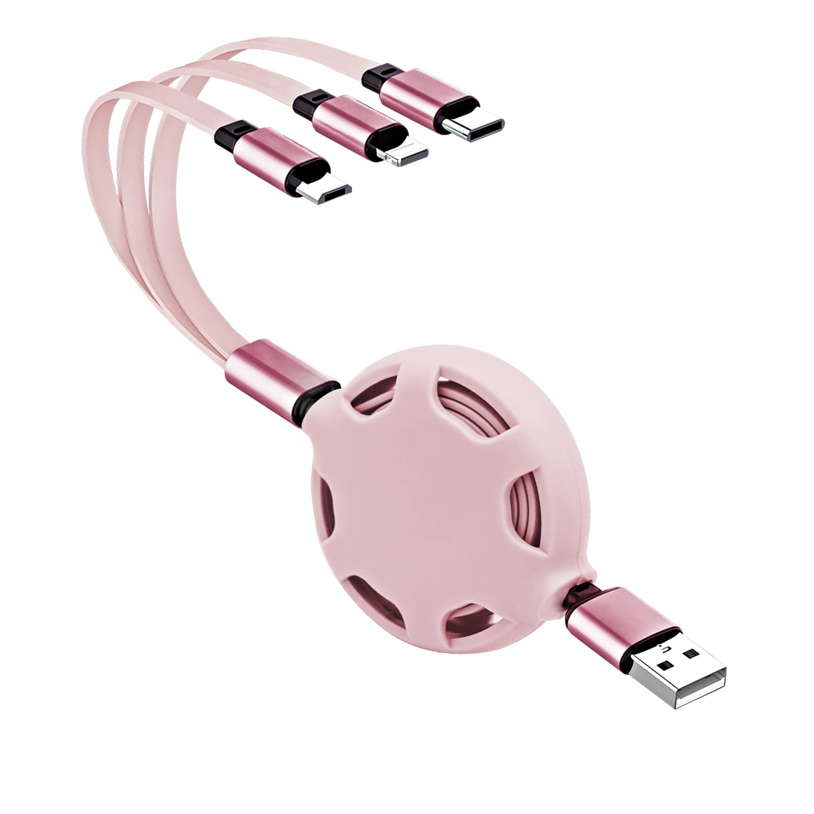 KASTWAVE Multi 3 in 1 Universal Retractable USB Charging Cable, 3.3 Ft/1M, 2A (IP+Type-C+Micro-USB) - Pink