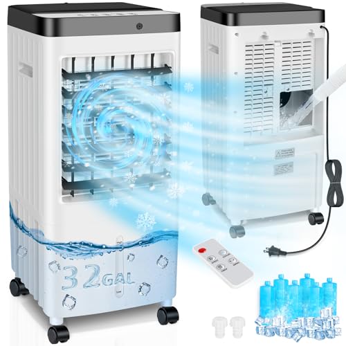 Swamp Cooler, Evaporative Air Cooler with Enlarge Water Tank,Swamp Cooler Air Conditioner with Timer,3 Speeds,80° Oscillation,20H Air Cooler for Room Office Kitchen Bedroom Garage(Include 6 Ice Packs)