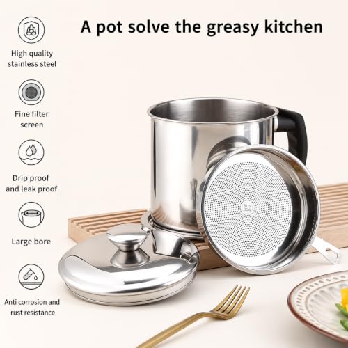 Image of Evelots Stainless Steel Filter Pot with Fine Mesh Strainer, Reusable Cooking Oil Storage Container with Lid and Handle, Kitchen Strainer Pot for Filtering and Reusing Frying (Style A)