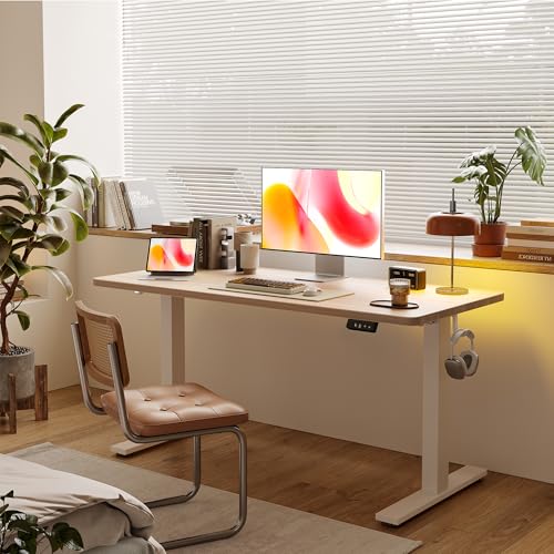 Image of TIQLAB 55 * 28 Inches Standing Desk, Adjustable Height Stand up Desk,Sit Stand Home Office Table with Splice Board, Light Walnut