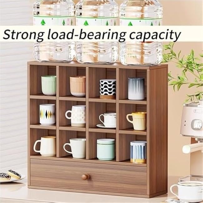 Multi-Layer Coffee Cup Organizer Wooden Display Rack with Drawer Countertop Cup Holder Storage Shelf for Kitchen Dining Room Space Saver(White)