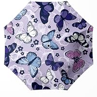 WSZYNDF Small Purple Butterfly Pattern Travel Automatic Folding Umbrella for Girl and Women, Rain and Wind, Portable Compact UV Sun Shade