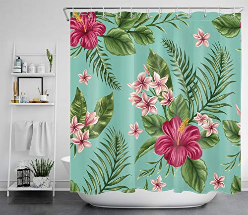 LB Hawaiian Tropical Leaves Shower Curtain Watercolor Palm Leaf Hibiscus Plumeria Flowers Floral Shower Curtains for Bathroom Waterproof Fabric Curtain Sets with Hooks,72 x 72 Inch