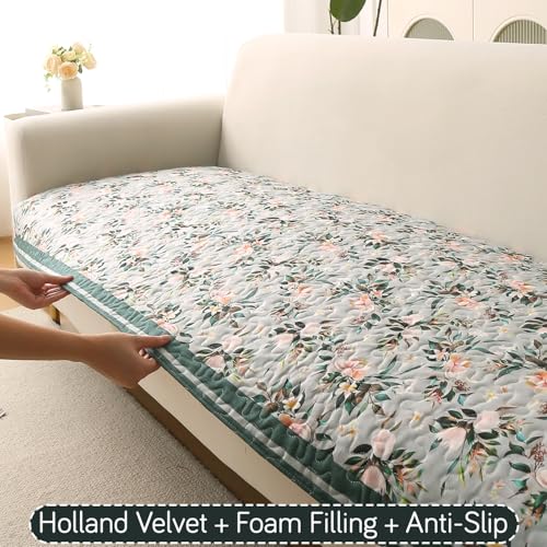 Image of HOKIPO 'Florentina Series' Premium Holland Velvet 5 Seater Sofa Cover Mat in 3+1+1 Configuration with Foam Filling for Extra Softness, Anti-Slip Backing, Magnolia Green (IN-881+878 * 2-V1)