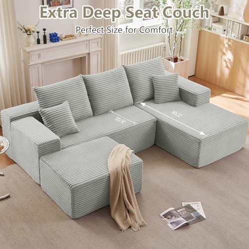 Image of Lakifun 107 inch U-Shape Cloud Couch, Modern Modular Sectional Comfy L-Shape Sofa with Ottoman, Deep Seat, Upholstered Corduroy Sleeper Chaise Longue for Living Room Bedroom, No Assembly Required, Grey