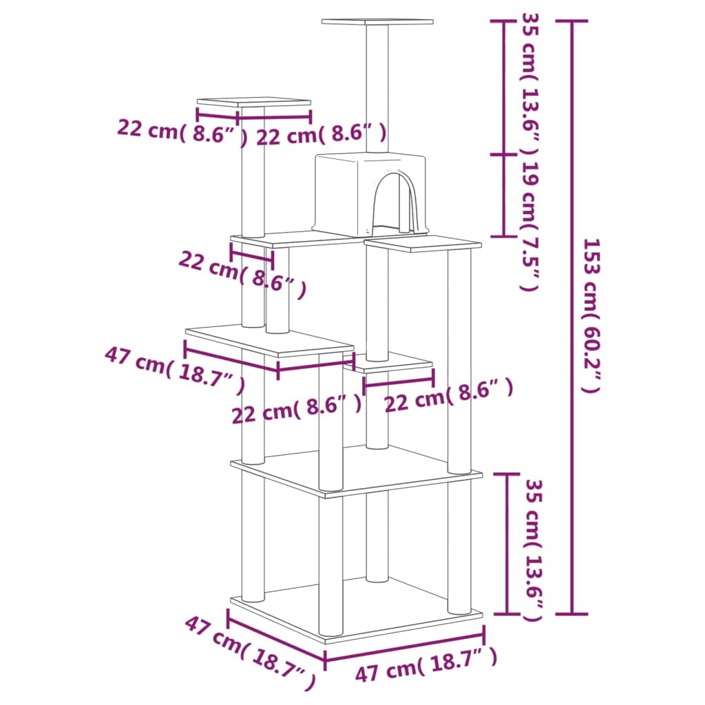 Rascador para gatos con columnas de sisal y felpa, color crema, 47 x 47 x 153 cm, material de madera estable, cueva, plataforma de observación, muebles de juego para interiores, protección de