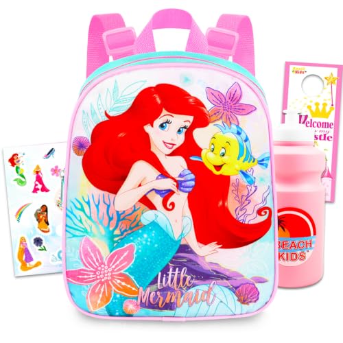 Conjunto de mini mochila infantil The Little Mermaid – Mochila Ariel de 28 cm com adesivos, bolsa de água, mais | Mochila pré-escolar Disney A Pequena Sereia, Mochila The Little Mermaid, The Little