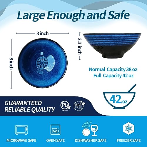 Image of NJCHARMS Ceramic Ramen Bowl Set of 2, 42 oz Japanese Noodle Soup Bowls with Spoons and Chopsticks for Ramen Soup Pho Udon Asian Noodles, Large Noodle Bowls(Blue)